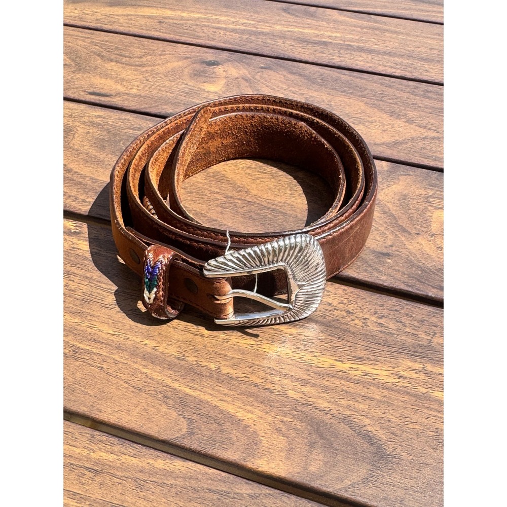 Tony Lama Mens Brown Leather Western Belt Embroidered Concho Silver Buckle 42